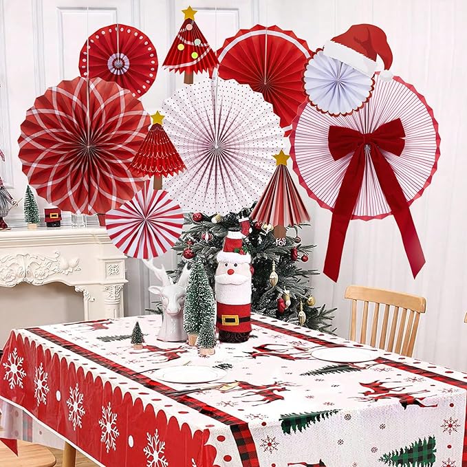 Christmas Paper Fan Decorations Christmas Decorations Classroom Red Hanging Paper Fans 10PCS with Santa Hat Gold Stars for Xmas Winter New Year Wall Ceiling Party Holiday