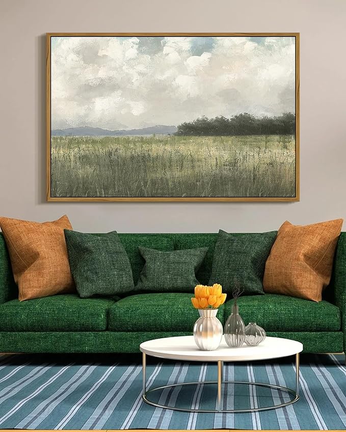 SHENIFY Vintage Landscape Framed Wall Art Country Meadow Scenery Farmhouse Decor Retro Painting for Living Room Bedroom Ready to Hang Wall Artwork - 24x36in Natural Framed