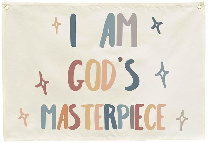 Rectangular Christian Bible Verse Scripture Canvas Banner Wall Decor Flag Sign for Baby Girl Kids,Nursery Bedroom Nursery Wall Decor,Baby Shower Baptism Christmas Gift-I Am God's Masterpiece