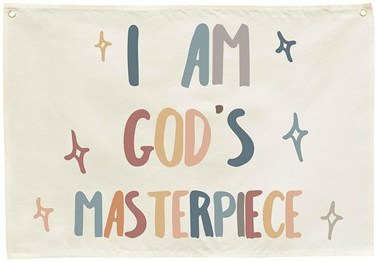 Rectangular Christian Bible Verse Scripture Canvas Banner Wall Decor Flag Sign for Baby Girl Kids,Nursery Bedroom Nursery Wall Decor,Baby Shower Baptism Christmas Gift-I Am God's Masterpiece