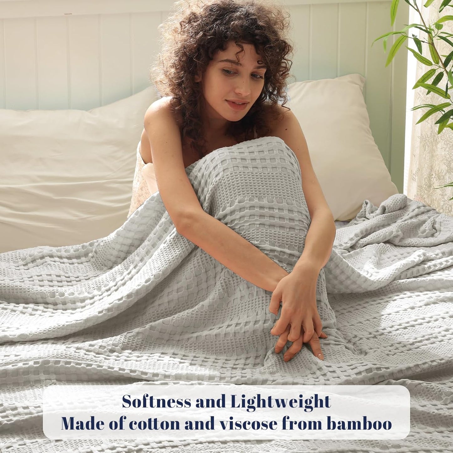 PHF Cooling Waffle Blanket Twin Size, Lightweight 60% Rayon Derived from Bamboo & 40% Cotton Breathable Blanket for Hot Sleepers, Ultra Soft and Luxury for Bed Couch and Sofa, 66"x90", Grey