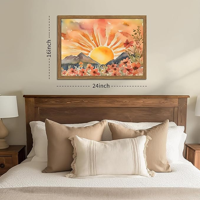 Framed Sunset Boho Wall Art for Living Room - Modern Abstract Floral Canvas Picture Boho Wall Decor, Sun Landscape Aesthetic Painting Poster Prints for Bedroom Home Office 16x24 inch