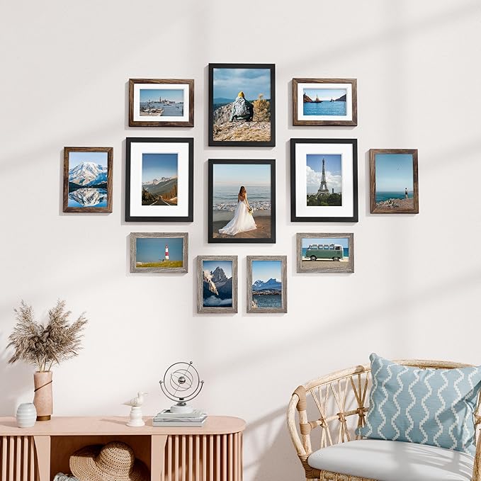 Vittanly 12 Pack Picture Frames Collage Wall Decor for Mounting or Tabletop Display, Gallery Wall Frame Set for Family, Multi Sizes Including 4pcs 8x10, 4pcs 5x7, 4pcs 4x6, Black, Brown and Dark Grey