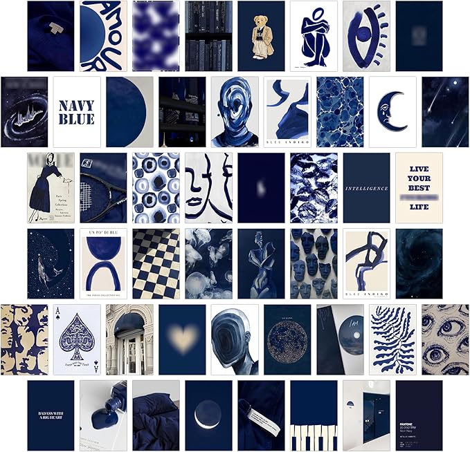 Wall67 Navy Blue Wall Collage Kits, 50 Pcs 4x6 Inch Aesthetic Wall Art Prints, Modern Navy Room Decor for Bedroom, Living Room, Office
