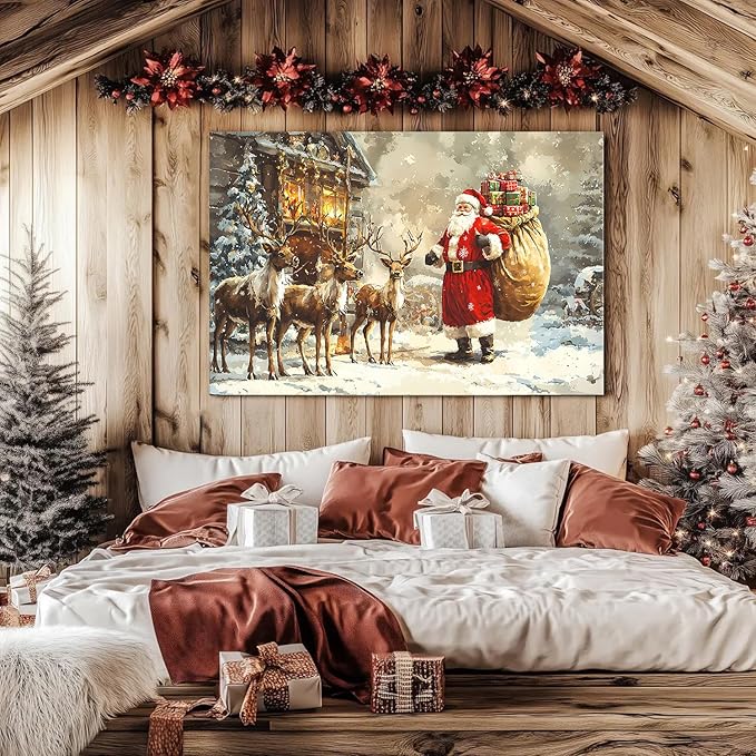 Santa and Reindeer Wall Art Christmas Wall Decor Farmhouse Deer Canvas Prints Pictures Vintage Winter Christmas Tree Landscape Painting Artwork for Kitchen Dining Room Home Decorations 32x48"