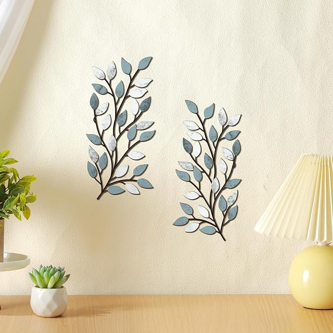 Hotop 2 Pieces Metal Tree Leaf Wall Decor Vine Olive Branch Leaf Wall Art Wrought Iron Scroll Sculptures Above the Bed, Living Room, Outdoor Decoration(Fresh Style,Fresh Color)