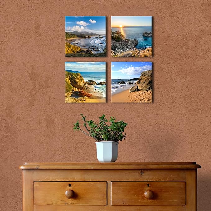 Oregon Coast Scenery Canvas Wall Art Coastal Beach Pictures for Living Room Sunset Ocean Landscape Paintings Prints Bathroom Decor Nature Seascape Artwork Bedroom Office Home Decorations 12x12" 4 Pcs