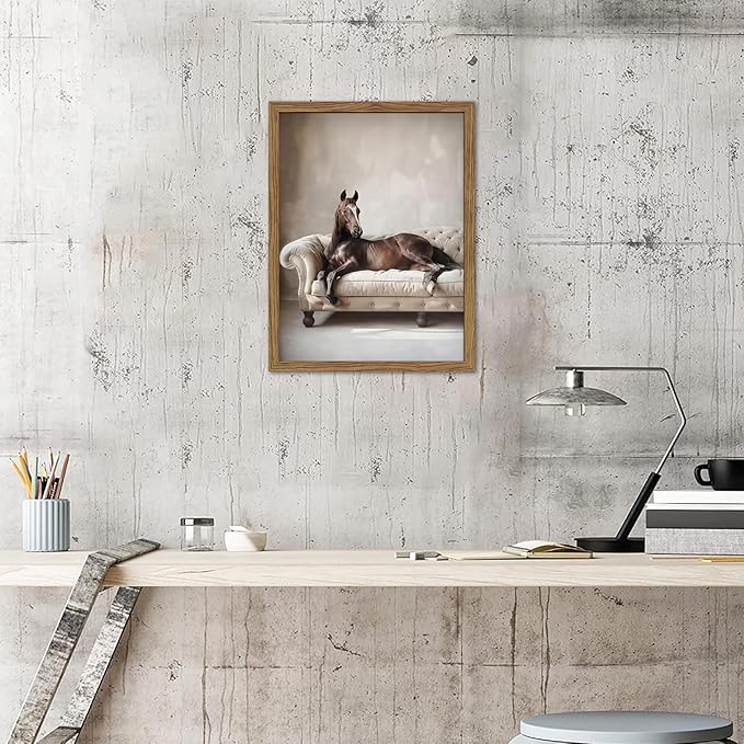 Framed Funny Horse Wall Art, Vintage Brown Horse Laying on Sofa Canvas, Modern Farmhouse Western Wall Decor, Grace Animal Pictures Prints for Living Room Bedroom Office Dorm 12x16 inch