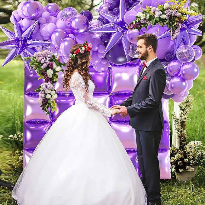 25+149pcs Double-Sided Purple Balloon Wall Kit - 25 Dark/Light Purple Foil Square Balloons 146 Metallic Lavender Purple Latex Balloon Garland & Star Balloons for Wedding, Birthday Backdrop