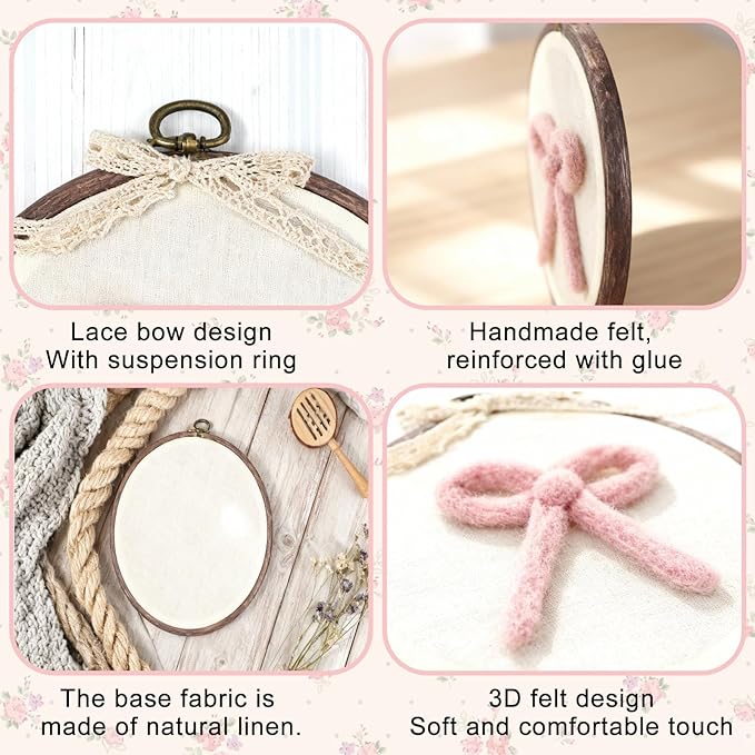 Soulchen Felted Pink Bow Nursery Wall Decor 5 x 6 Inch Cute Coquette Bow Pink Christmas Decor Wall Art Decorative Artwork for Nursery Bathroom Living Room Baby Room Bedroom Farmhouse Decoration