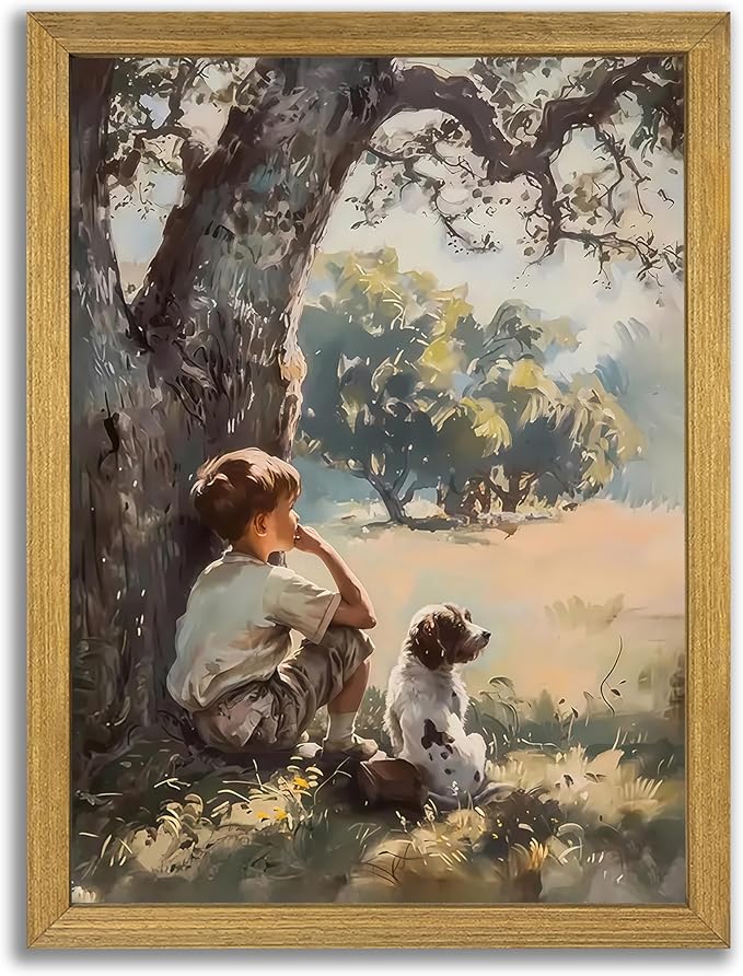Wood Framed Canvas Wall Art, Vintage Boy and Dog Painting Poster, Countryside Pastoral Landscape Print Picture, Rustic Farmhouse Wall Decor for Living Room Bedroom Nursery 12x16 inch