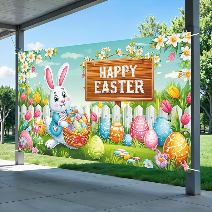 Happy Easter Backdrop 71" X 43" Happy Easter Day Banner Easter Rabbit Party Decorations Easter Bunny Background