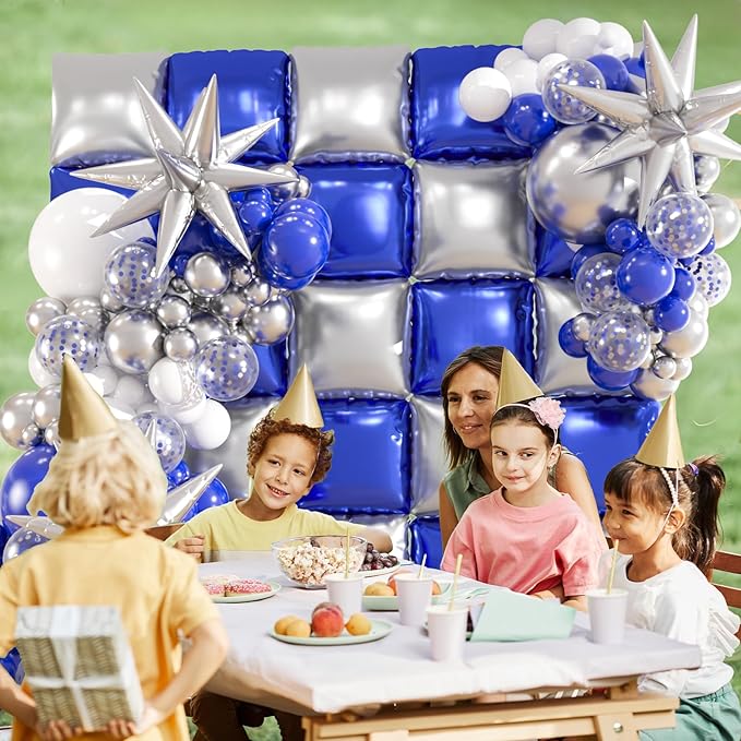 25pcs Blue and Silver Foil Square Balloon Backdrop Wall with 149pcs Royal Blue White Silver Balloons Arch, Double Sided Balloon Tunnel with Star Balloons for Graduation,New Year Party Decor