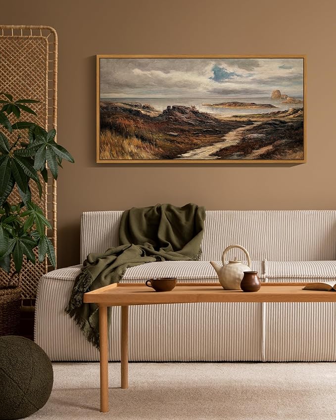SHENIFY 20x40in Extra Large Vintage Framed Wall Art Seaside Path Wilderness Landscape Painting Retro Coastal Scenery Farmhouse Bedroom Above of Bed Living Room Decor - Natural Framed