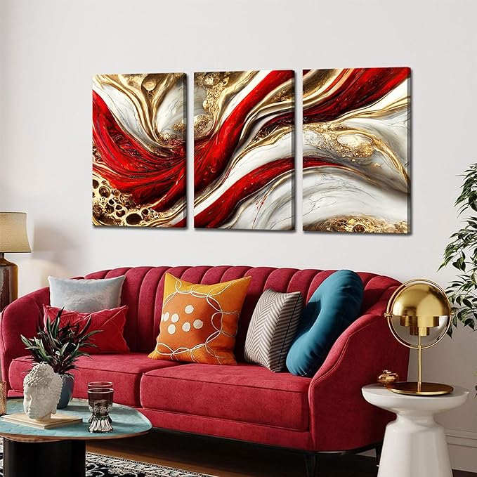 3Pcs Framed Red Gold Canvas Wall Art Abstract Marble Gilt Wall Decor Pictures Modern Red and Gold Paintings Prints Posters for Living Room Bedroom Office Home Decoration, Ready to Hang