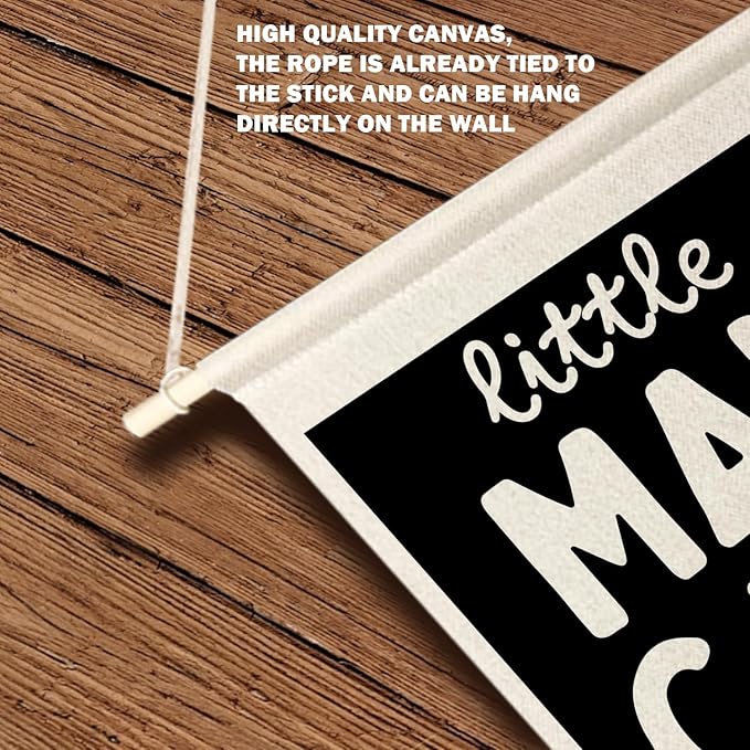 Qpenm Little Man Cave Wall Hanging Canvas Banner, Boys Room Decor, Modern Black and White Peace Sign Nursery Hanging Pennant Flag Posters Prints for Toddler Baby Little Boy Kids Room Playroom Decor