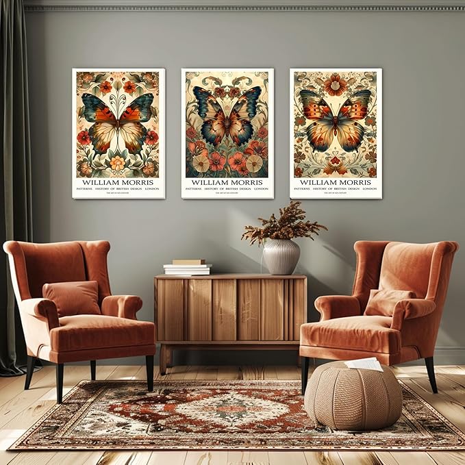 Djmwtb William Morris Canvas Wall Art Vintage Butterfly Poster Prints Framed Set of 3 Botanical Aesthetic Pictures Gallery Artwork Nouveau Painting Decor for Living Room Bedroom 12x16in