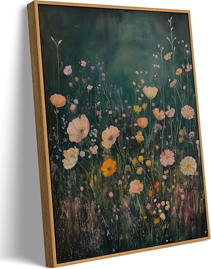 Framed Dark Moody Wildflower Wall Art Vintage Botanical Wildflower Field Floral Poster Print Nature Landscape Aesthetic Picture Wall Decor for Bedroom Living Room Home Decoration 12x16in