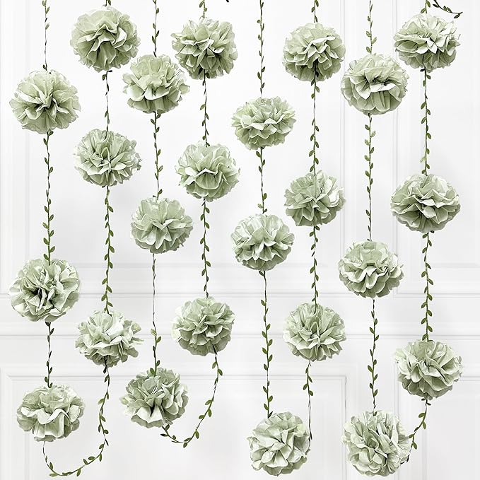 Sage Green Tissue Paper Flowers Pom Pom with Leaf Ribbon Dusty Green Hanging Garland Streamer for Birthday Baby Shower Wedding Engagement Woodland Safari Jungle Neutral Party Decorations Supplies