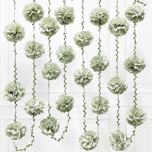 Sage Green Tissue Paper Flowers Pom Pom with Leaf Ribbon Dusty Green Hanging Garland Streamer for Birthday Baby Shower Wedding Engagement Woodland Safari Jungle Neutral Party Decorations Supplies