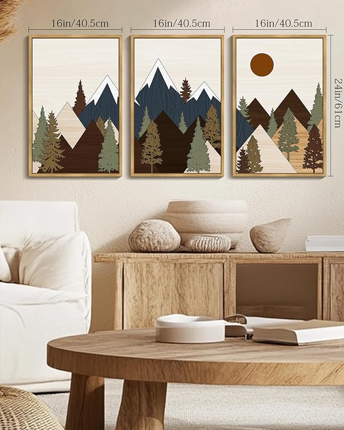 Drsoum Morden Mountains Landscape Wall Art Framed Boho Pine Tree Forest Nature Prints Boho Farmhouse Rustic Artwork Hallway Bedroom Ready to Hang 16x24in Natural Framed