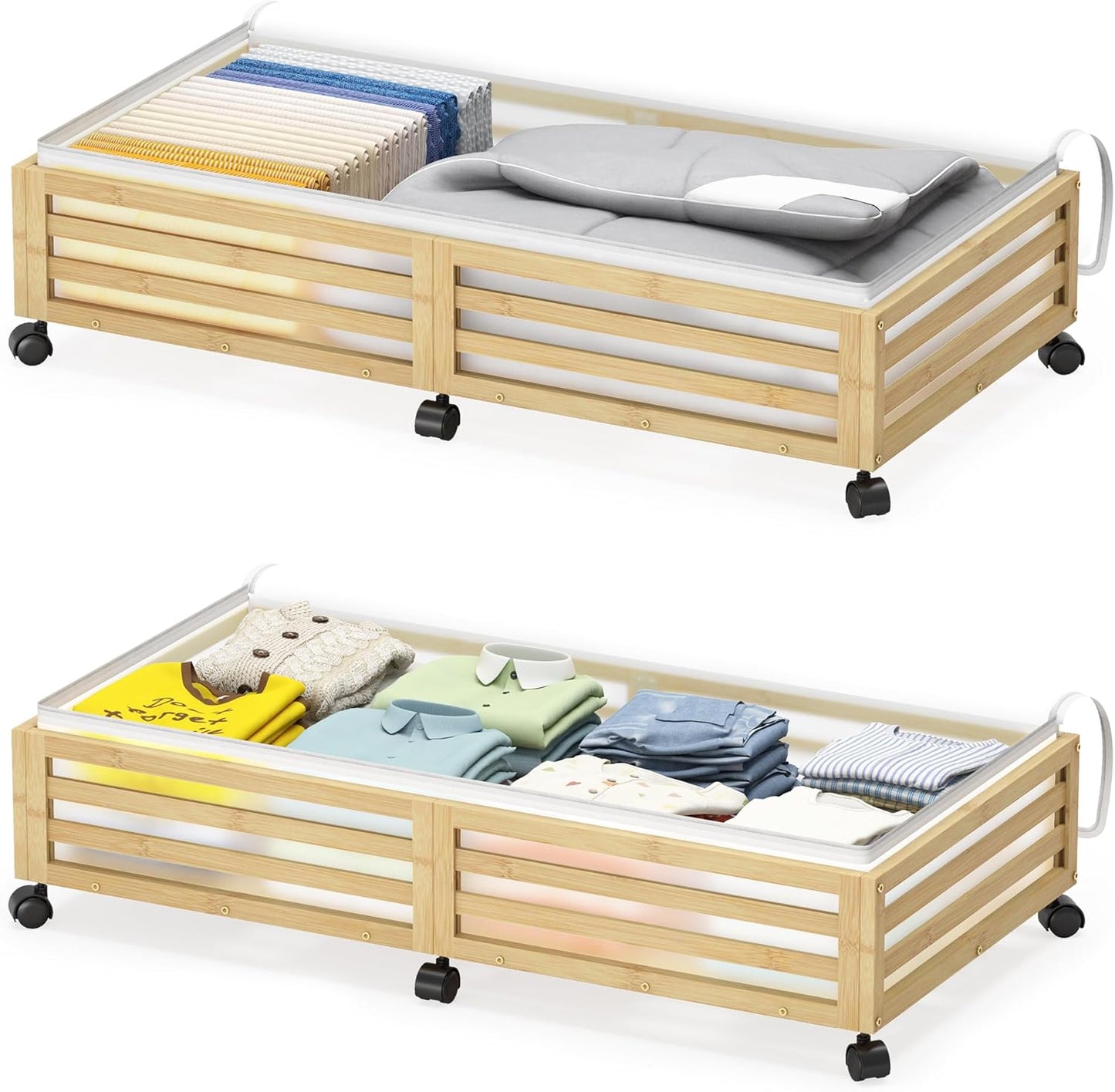 Under Bed Storage Containers With Wheels - 2 Pcs Large Bamboo Wood Rolling Underbed Shoe Storage Bins With Dust Bags for Clothes Blankets, Duvet Covers Snacks Toys (Natural)