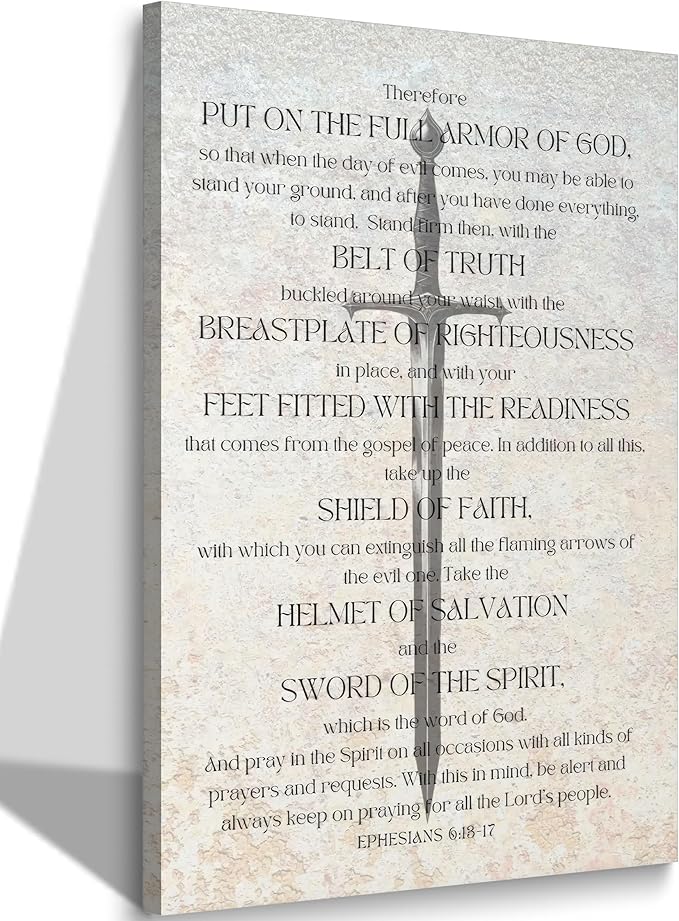 Framed Christian Spiritual Armor Canvas Wall Art Ephesians 6:11 Bible Verse Poster Print Black and White Religious Wall Decor for Church Office Bedroom 12x16in