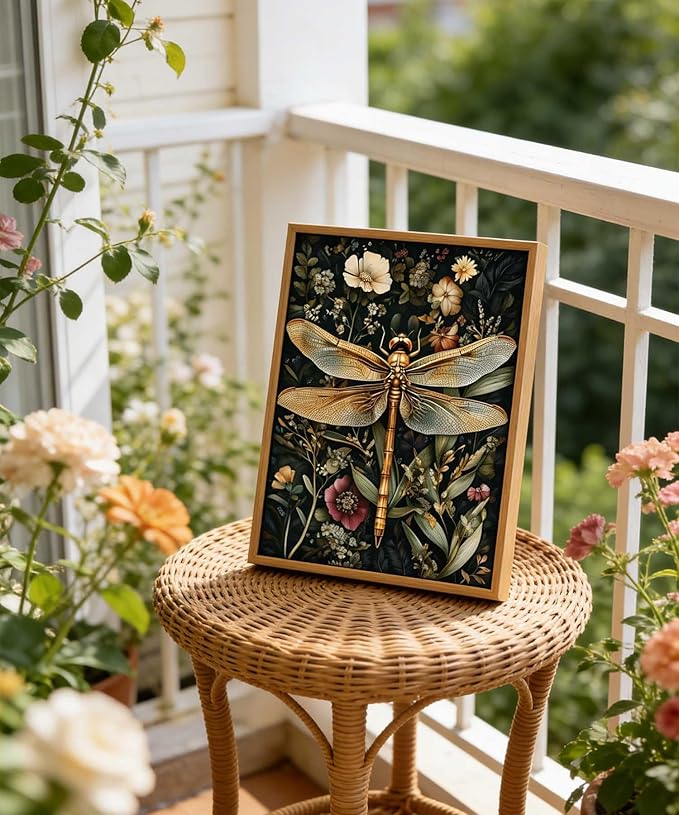 Framed Vintage Botanical Dragonfly Wall Art Dark Green Gothic Nature Dragonfly Flowers Wall Decor Pictures for Living Room Bedroom Home Decoration 8x10in