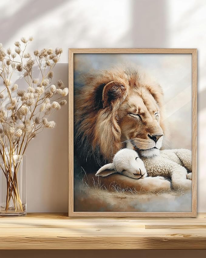 KensTro Christian Nursery Decor Framed Wall Art, 12x16 in Lion and Lamb Canvas Wall Art Prints,Christ, Jesus, God, lion of Judah, Lamb of God,Peaceful Print for Christian Boy and Girl Bedroom Set of 1