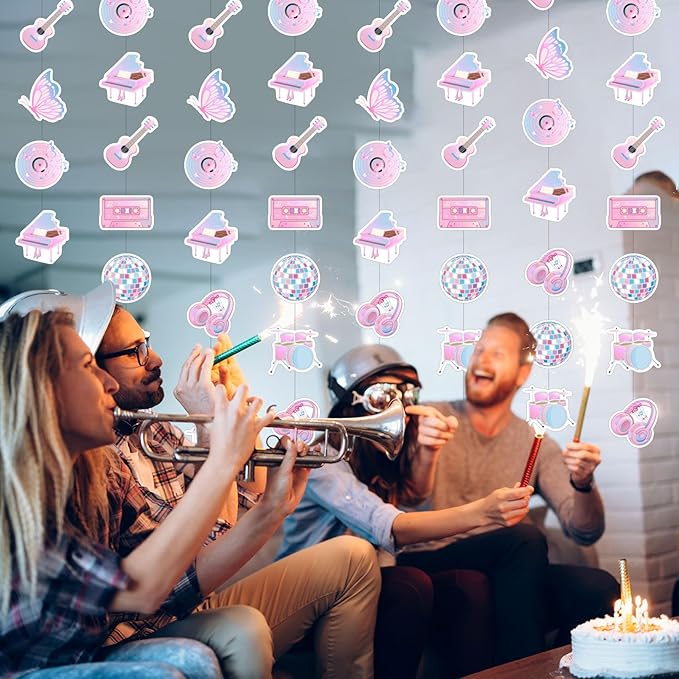 8 Pcs Music Party Decorations Popular Singer Birthday Hanging Garlands Banner Iridescent Holographic Disco Guitar Piano Butterfly Paper Cutouts Streamer for Girls Music Lover Supplies