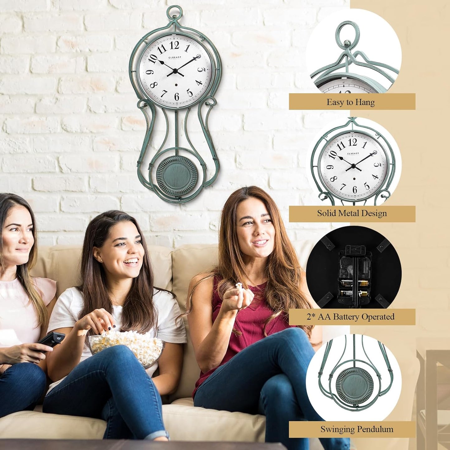 CLXEAST 20 Inch Metal Pendulum Wall Clock Battery Operated,Large Schoolhouse Wall Clocks for Living Room Decor,Antique Aged Teal Green Finish,House Warming Gifts New Home