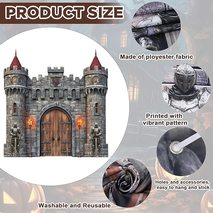 4 PCS Medieval Entryway Party Decorations Castle Door Covers Hanging Banner Porch Sign Medieval Castle Photo Props Background Torch Knight Porch Banner for Birthday Halloween Party Door Decor Supplies