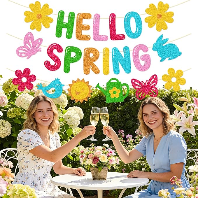Hello Spring Banner, Glitter Spring Decoration for Home, Classroom, Easter Party & Porch - Floral Welcome Sign for Indoor Outdoor Door Wall Decor, Easter Seasonal Themed Photo Backdrop