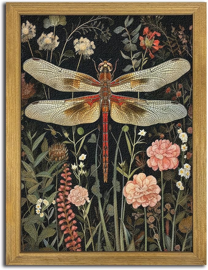 Framed Hand Drawn Sandstone Dragonfly Wall Art, Vintage 3D Textured Nature Botanical Wall Decor Pictures, Pink Flowers Print Painting for Living Room Kitchen Home Decor 12x16inch