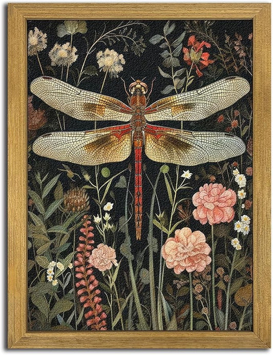 Framed Hand Drawn Sandstone Dragonfly Wall Art, Vintage 3D Textured Nature Botanical Wall Decor Pictures, Pink Flowers Print Painting for Living Room Kitchen Home Decor 12x16inch
