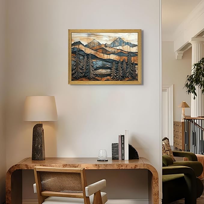Vintage Boho Mountain Wall Art, Framed Landscape Canvas Wall Art, Nature Forest Wall Decor, Rustic Farmhouse Print Poster Painting for Living Room Bedroom Dining Room 12x16 Inch