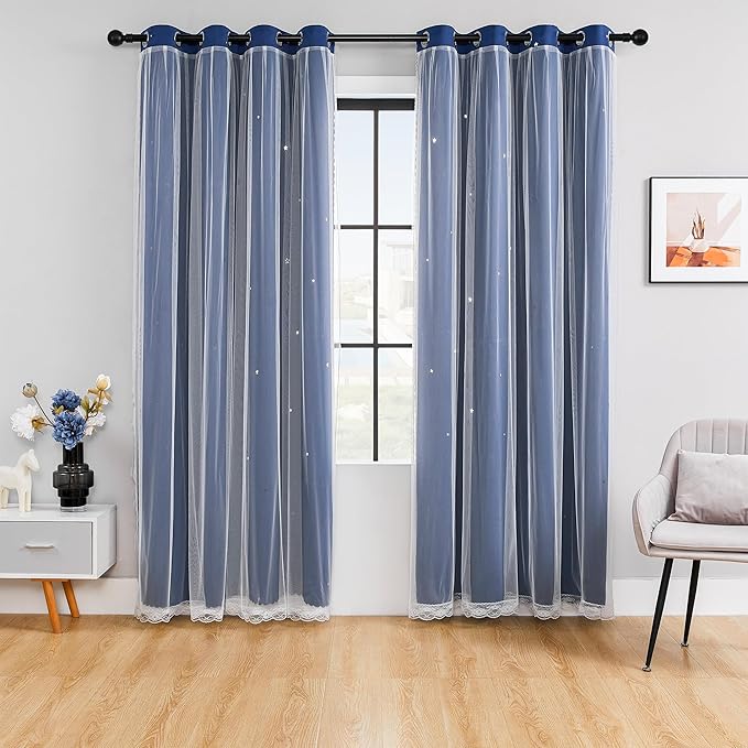 XiDi Black Out Curtains for Bedroom, Double Layer, Unicorn Pattern, Navy Blue