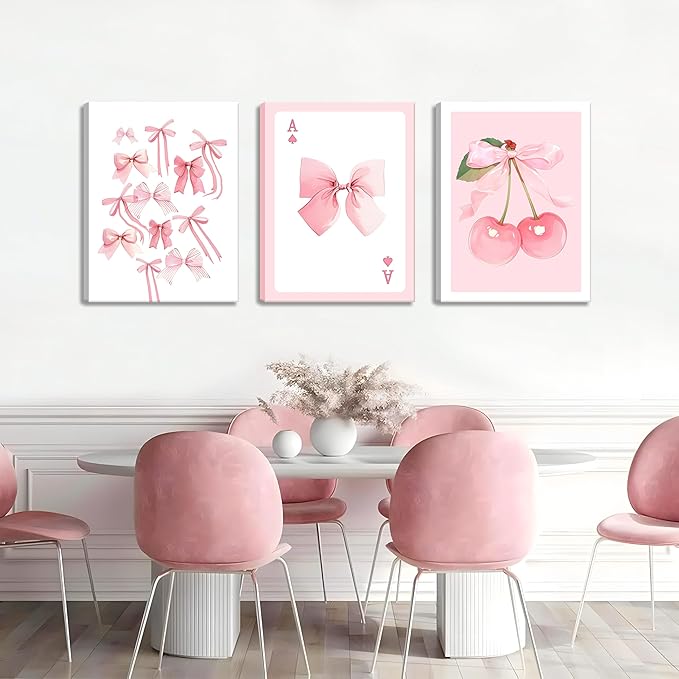 Trendy Pink Bows Canvas Wall Art Set of 3, Vintage Preppy Cherry Posters Prints, Pink Girly Room Aesthetic Wall Decor Painting for College Apartment Living Room Bedroom 12x16 In Framed