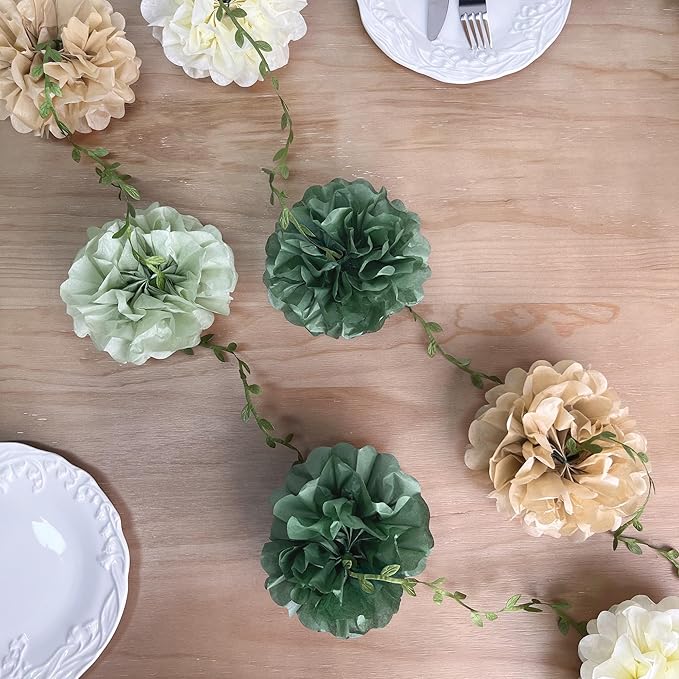 Sage Green Beige Party Decorations Tissue Paper Flowers Pom Pom with Leaf Ribbon Hanging Garland Streamer for Neutral Baby Shower Birthday Wedding Bachelorette Safari Jungle Woodland Party Supplies