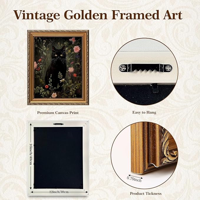 ASTRDECOR Gold Framed Moody Floral Black Cat Wall Art – Vintage Dark Academia Cottagecore Canvas Print, Cozy Home Decor for Living Room & Bathroom, Gifts for Friends or Family 12"x16"