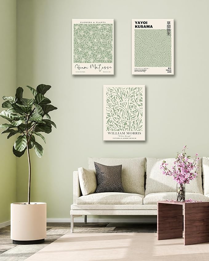HesenDot Green Botanical Framed Wall Art Set, 12x16in Matisse William Morris Canvas Prints,Minimalist Classic Plants Home Decor for Living Room Bedroom Bathroom Office, Set of 3