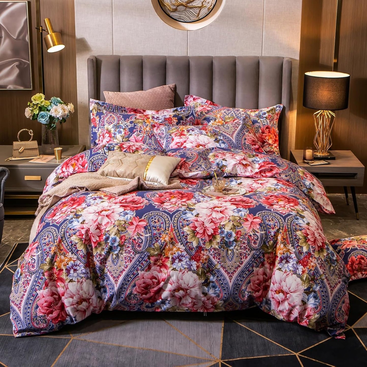 ABREEZE Colorful Floral Duvet Cover Queen 100% Cotton Flower Duvet Cover 3 Piece Set 1 Multi-Colored Damask Paisley Duvet Cover with Zipper Ties 2 Pillowcases Luxury Soft Peony Print Bedding Set