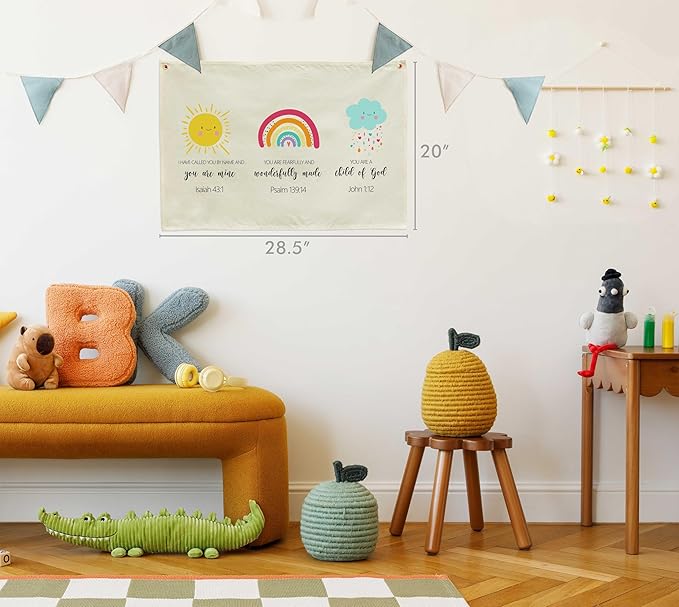Christian Bible Verse Scripture Nursery Canvas Banner-Rectangular Flag Sign for Baby Boy Girl Kid,Bedroom Playroom Nursery Door Decoration,Baby Shower Birthday Christmas Gift,Weather Rainbow Theme