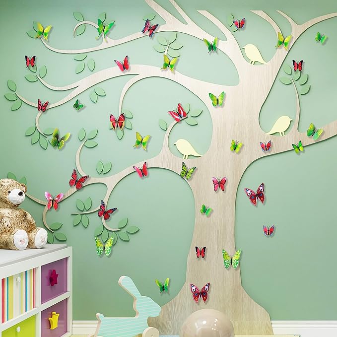 24pcs 3D Vivid Special Man-Made Lively Butterfly Wall Stickers Removable Butterflies Wall Decals 3D Nursery Art Decor for Kids Girls Bedroom Living Room Classroom Party Decoration Pink & Green