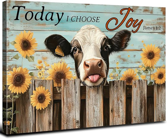 Large Farmhouse Cow Wall Art Teal Wall Decor Sunflower Pictures for Living Room Christian Bible Canvas Prints Cattle Poster Rustic Farm Animal Painting Artwork for Bedroom Home Decorations 24x36"