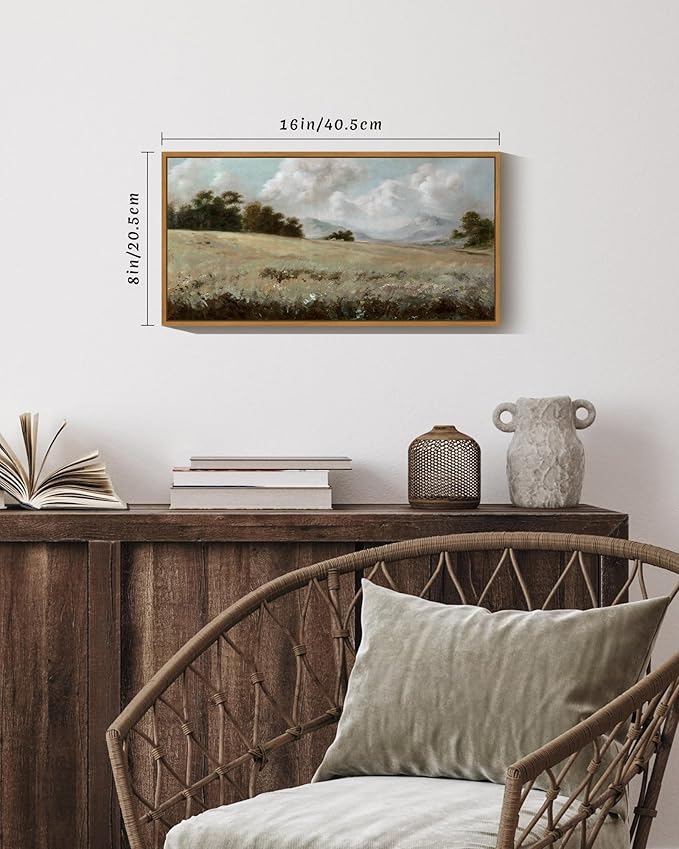 SHENIFY Vintage Framed Wall Art Rustic Grassland Meadow Landscape Painting Retro Wilderness Scenery Farmhouse Kitchen Living Room Decor - 8x16in Natural Framed