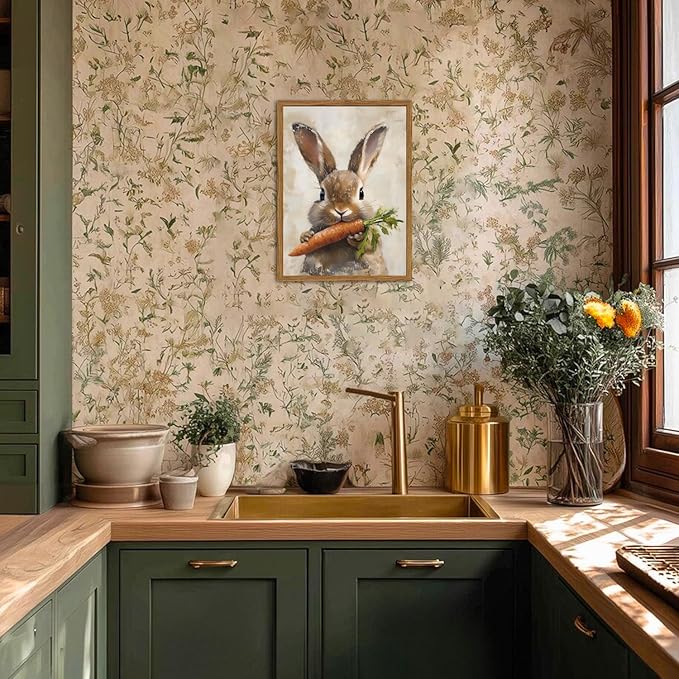 Framed Vintage Rabbit Canvas Wall Art, Cute Easter Bunny with Carrot Pictures Wall Decor, Spring Farmhouse Animal Paintings Prints Cottagecore Home Decor for Living Room Kitchen Nursery 16x24 inch