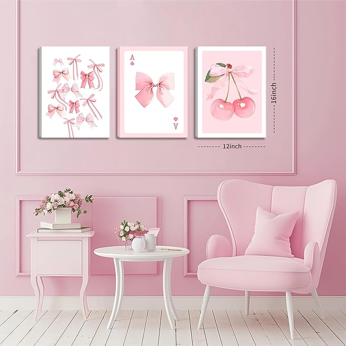 Trendy Pink Bows Canvas Wall Art Set of 3, Vintage Preppy Cherry Posters Prints, Pink Girly Room Aesthetic Wall Decor Painting for College Apartment Living Room Bedroom 12x16 In Framed