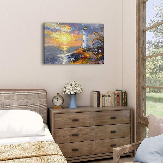 Sunset Coastal Wall Art Lighthouse Pictures Abstract Nature Beach Scenery Canvas Prints Ocean Landscape Wall Decor Seascape Poster Painting Artwork for Bedroom Bathroom Home Decorations 16x24"