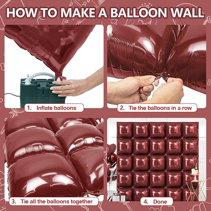 NISOCY 25PCS Maroon Square Foil Balloons Wall Backdrop Double Sided Brown Red Balloon Arch Kit for Birthday Wedding Valentine Engagement Anniversary Candlelight Dinner Party Decoration